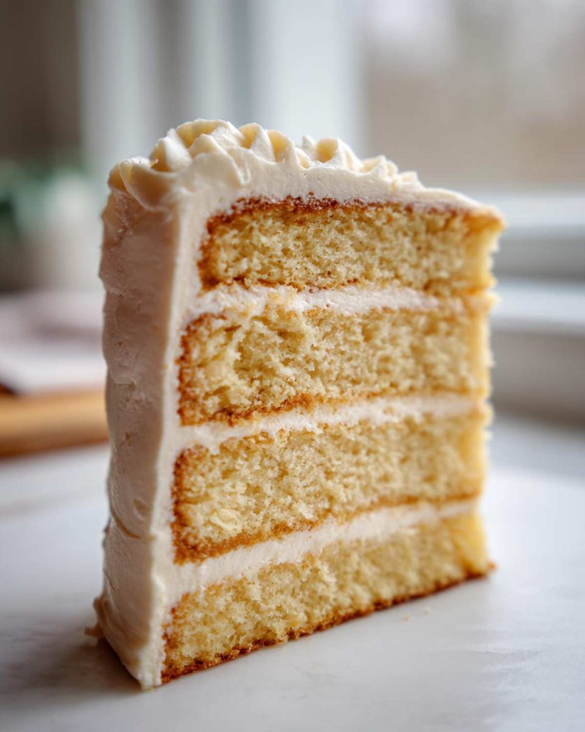 A tall, moist slice of vanilla cake recipe showing four layers of sponge and white buttercream frosting.