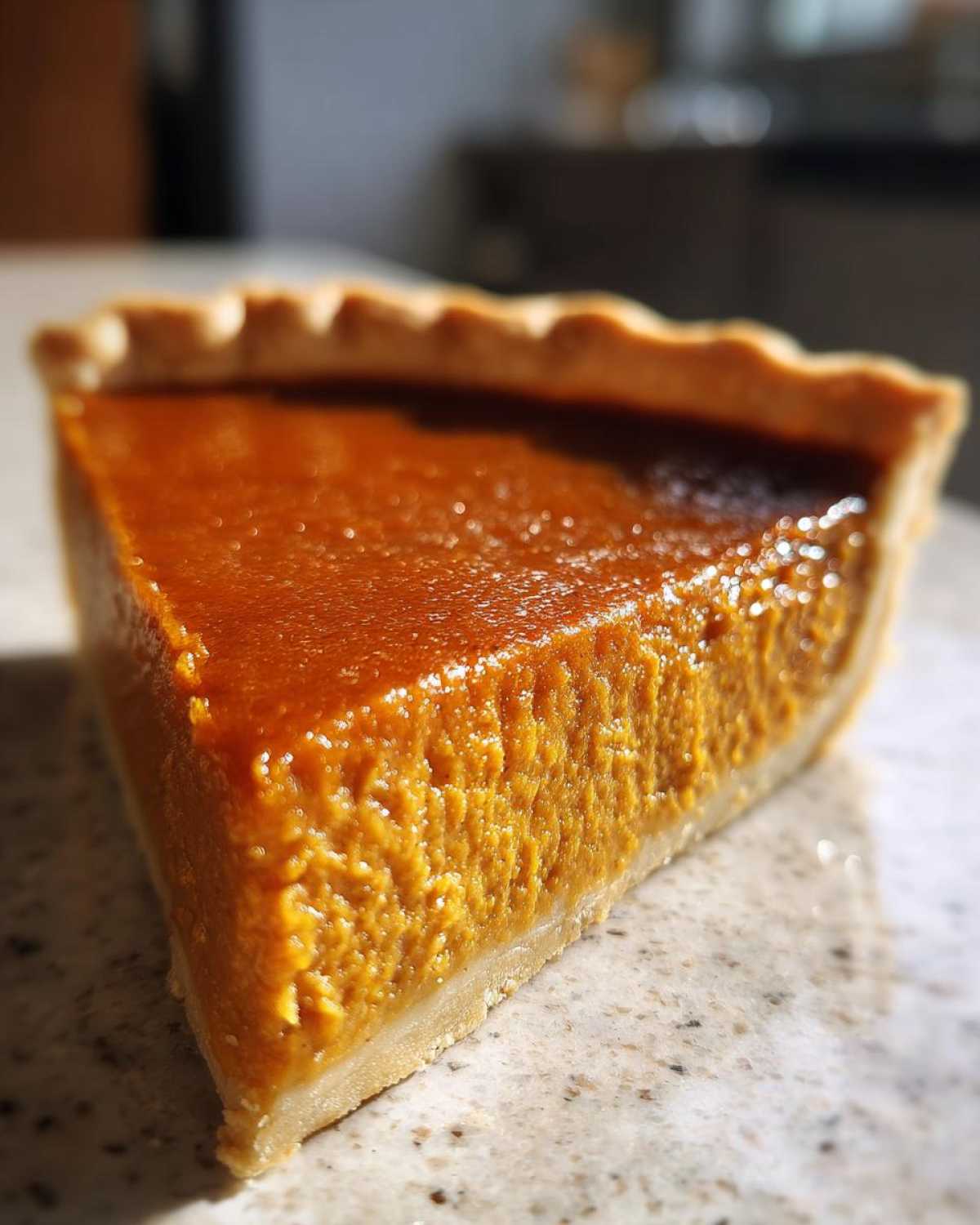 Close-up of a thick slice of vegan pumpkin pie showing the creamy orange filling and flaky crust edge.