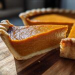 Close-up of a thick slice of vibrant orange vegan pumpkin pie with a flaky crust on a wooden cutting board.