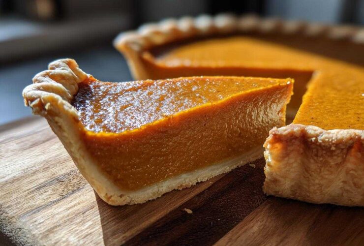 Close-up of a thick slice of vibrant orange vegan pumpkin pie with a flaky crust on a wooden cutting board.