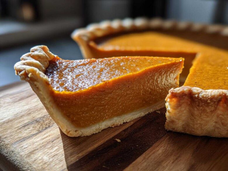 Close-up of a thick slice of vibrant orange vegan pumpkin pie with a flaky crust on a wooden cutting board.
