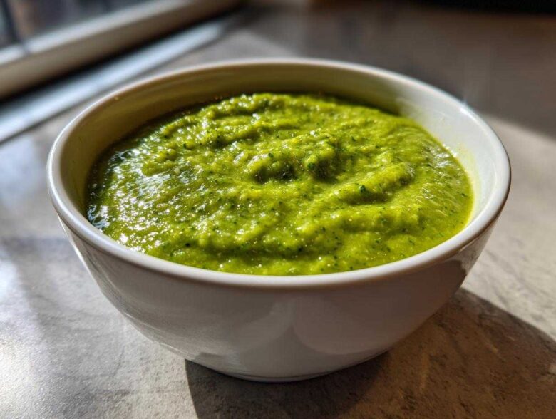 Close-up of thick, bright green broccoli cheddar soup served in a white bowl.