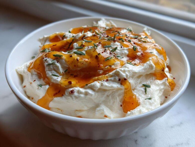 A white bowl filled with creamy whipped ricotta dip, topped with a generous drizzle of hot honey and fresh herbs.