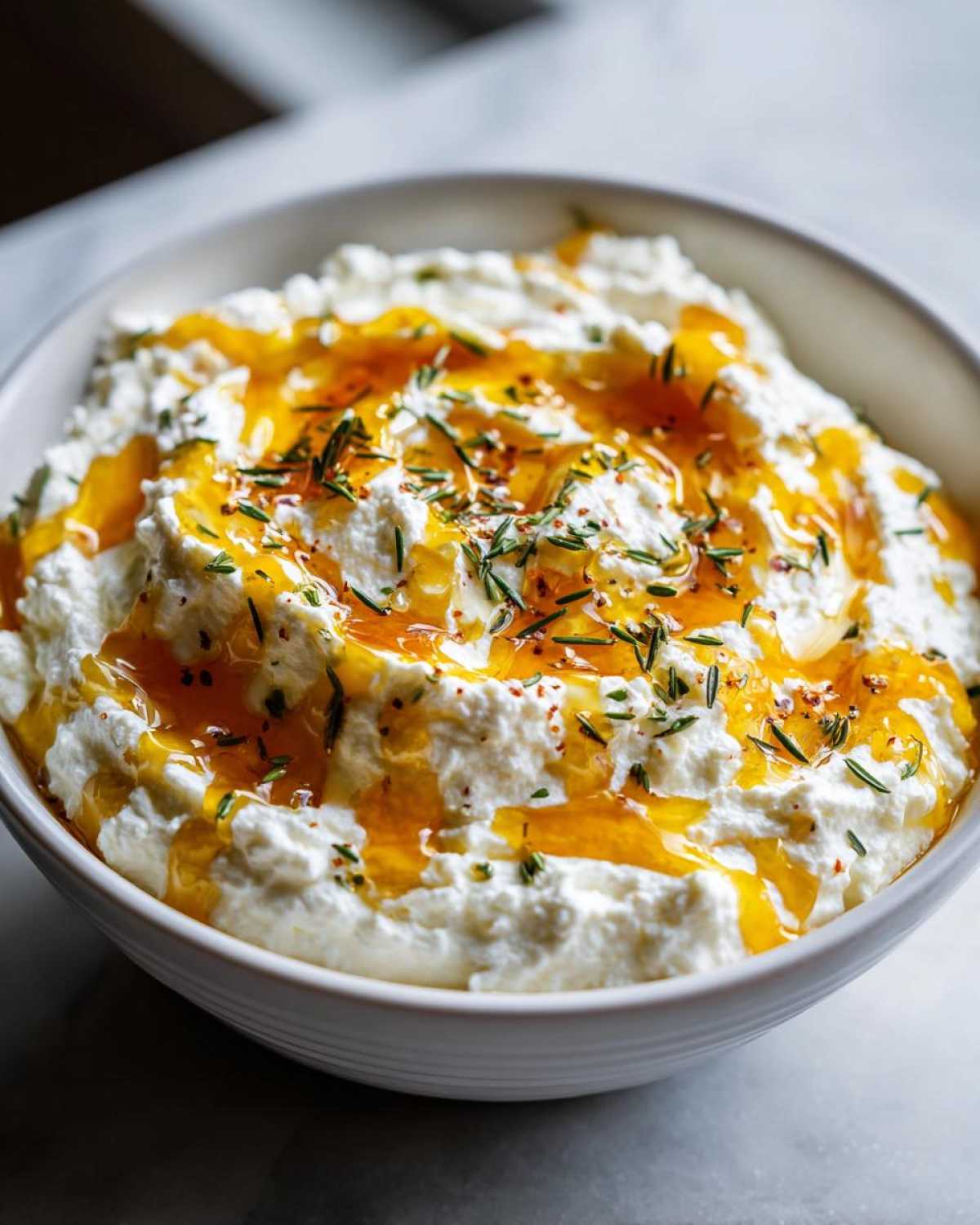 Close-up of a bowl of creamy whipped ricotta dip topped with drizzled hot honey and fresh herbs.