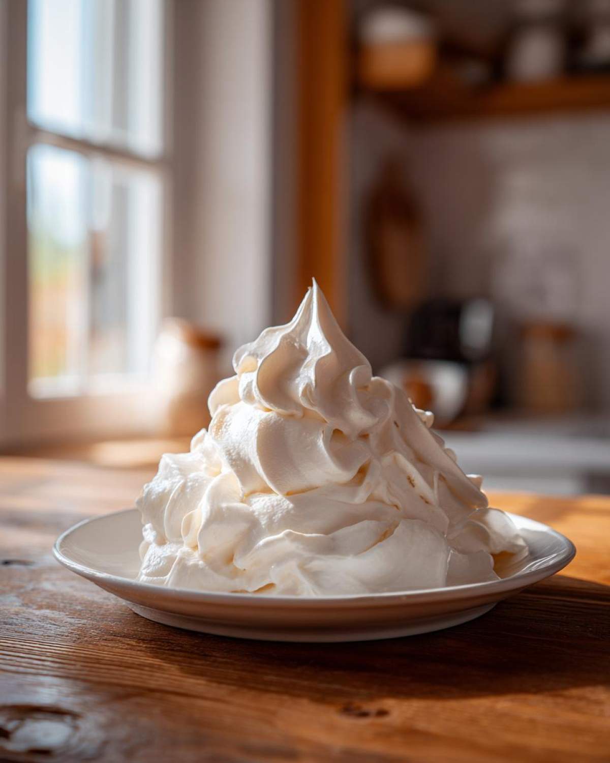 A mound of fluffy white whipped topping, often used with banana ice cream, sits on a small white plate.