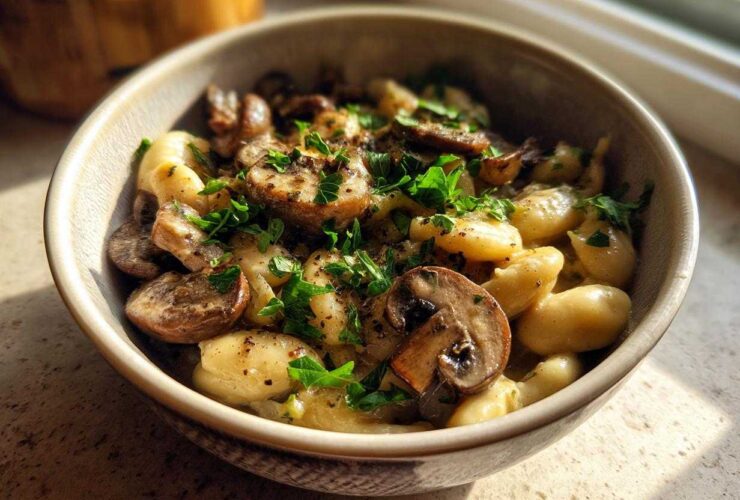Close-up of a bowl containing white bean mushroom stew mixed with gnocchi, topped with fresh parsley.