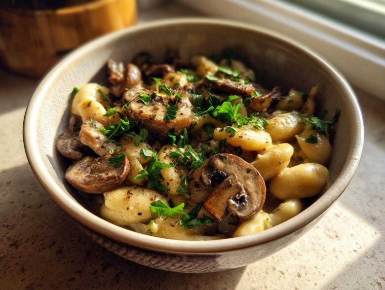 Close-up of a bowl containing white bean mushroom stew mixed with gnocchi, topped with fresh parsley.