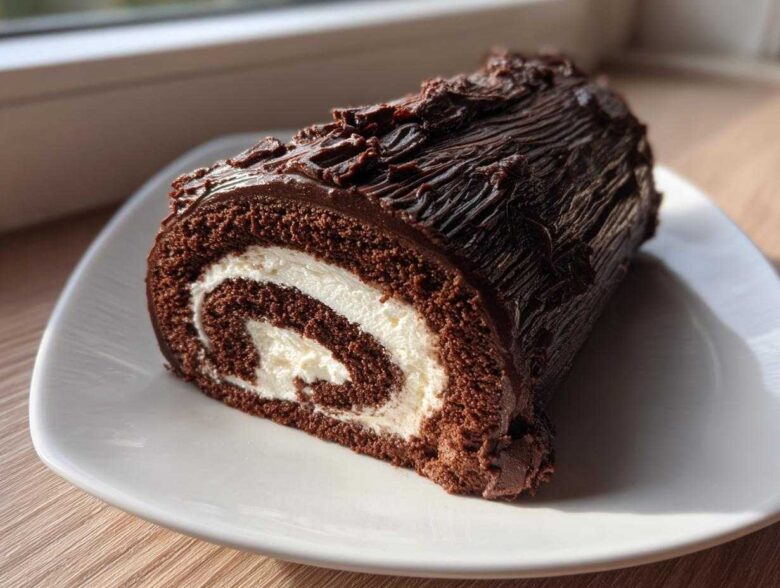 A cross-section slice of a rich chocolate yule log cake showing the dark sponge and white cream swirl filling.