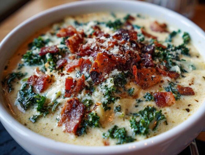 Close-up of a bowl of creamy Zuppa Toscana soup garnished generously with crispy bacon bits and grated Parmesan cheese.