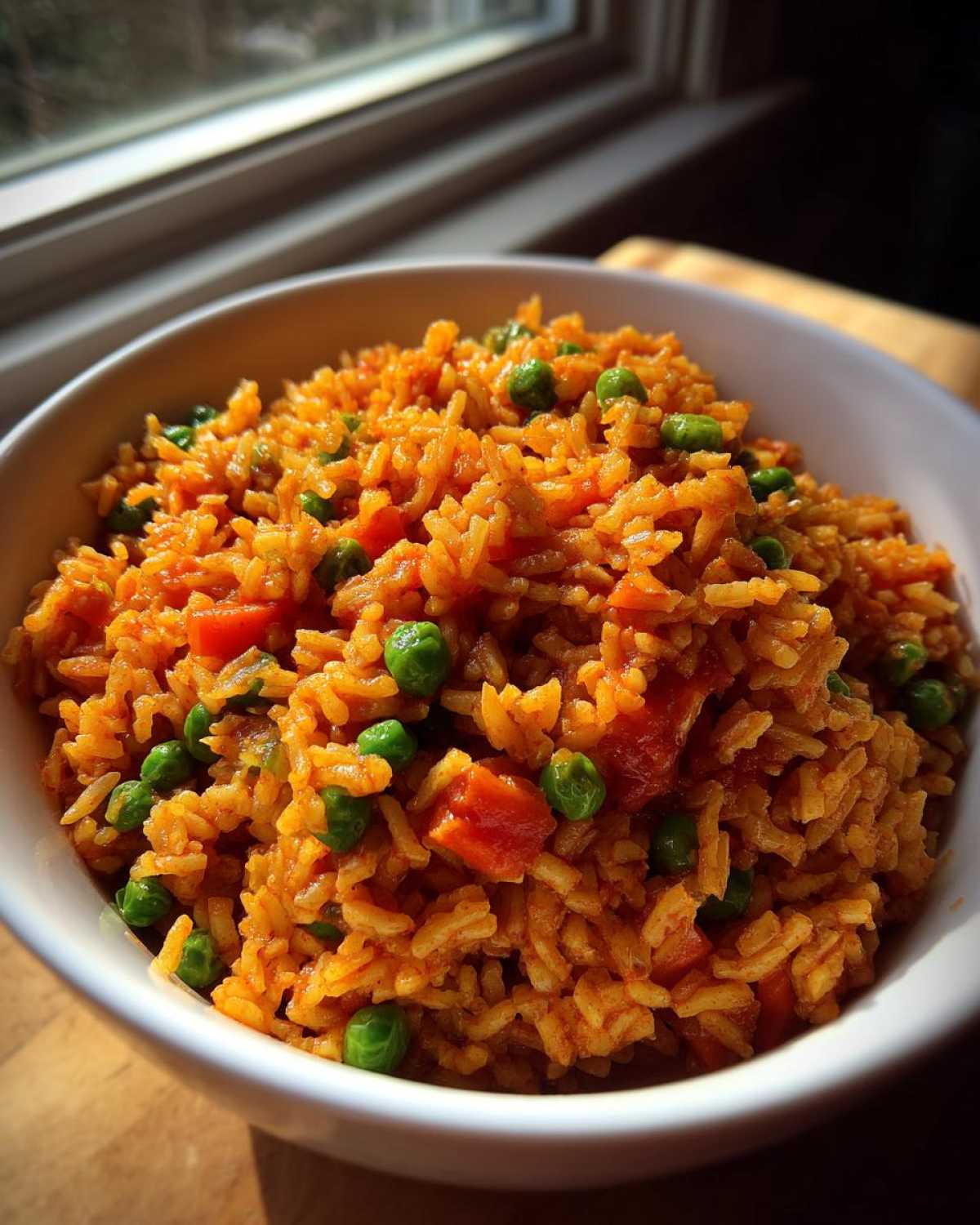 Close-up of a white bowl filled with vibrant orange spanish rice mixed with bright green peas and diced carrots.