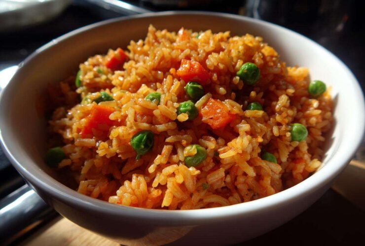 A close-up shot of fluffy, orange-tinted spanish rice mixed with bright green peas and diced carrots, served in a white bowl.