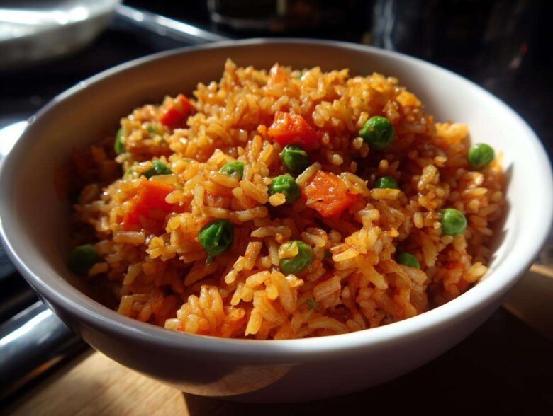 A close-up shot of fluffy, orange-tinted spanish rice mixed with bright green peas and diced carrots, served in a white bowl.