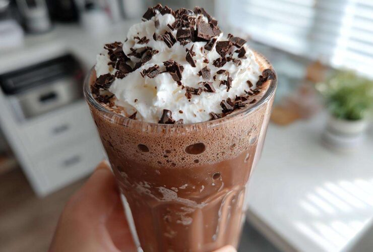 A hand holding a tall glass of rich, blended frozen hot chocolate topped with whipped cream and chocolate shavings.