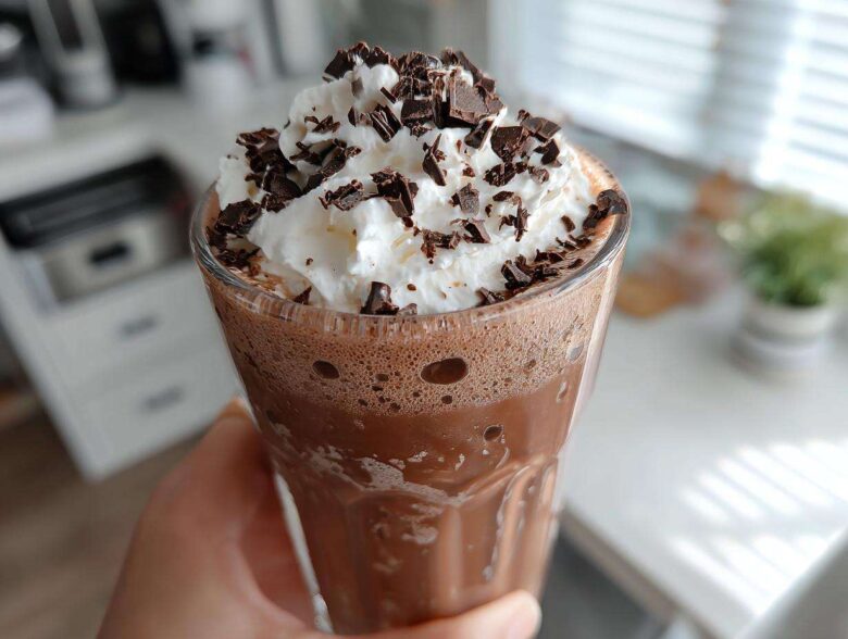 A hand holding a tall glass of rich, blended frozen hot chocolate topped with whipped cream and chocolate shavings.