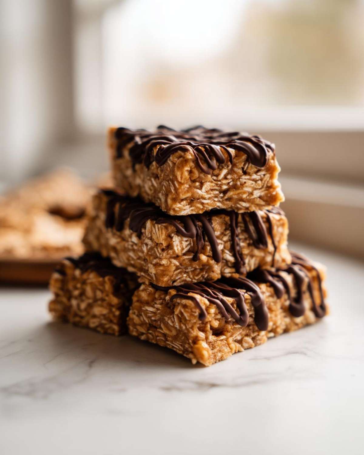 A stack of four homemade, chewy protein bars drizzled generously with dark chocolate.