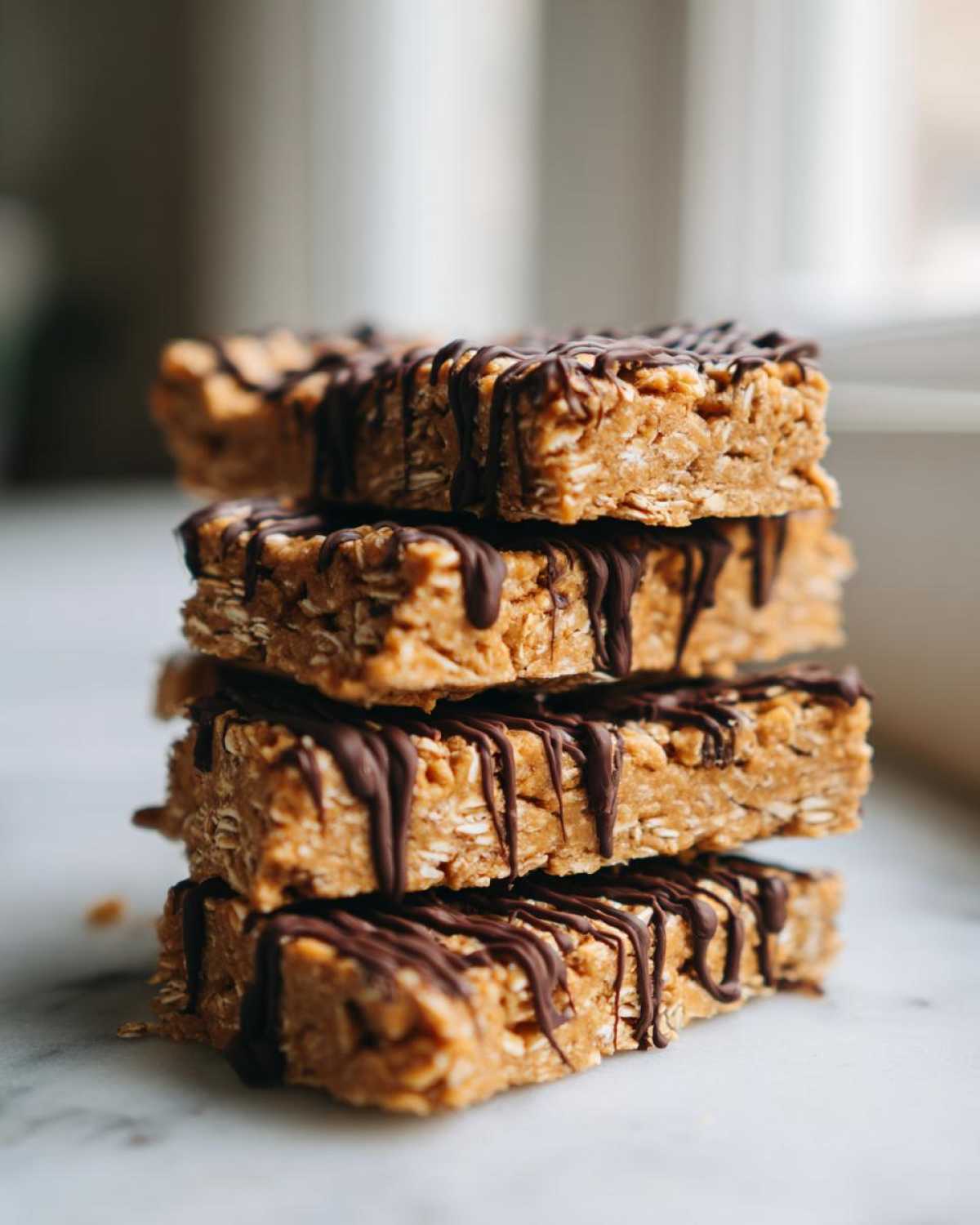 A stack of four homemade protein bars made with oats and drizzled generously with melted dark chocolate.