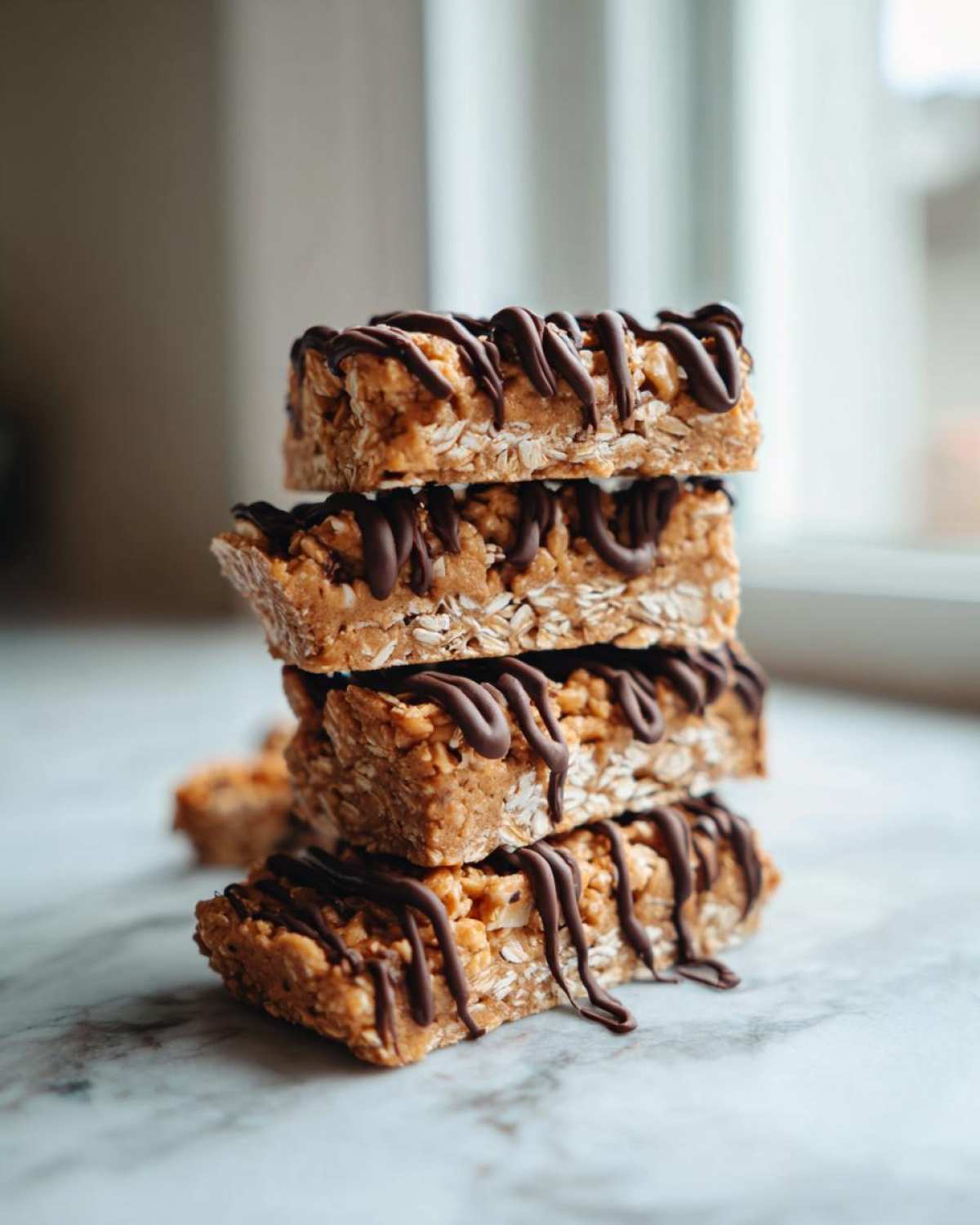 A stack of four homemade protein bars made with oats and drizzled with melted chocolate.