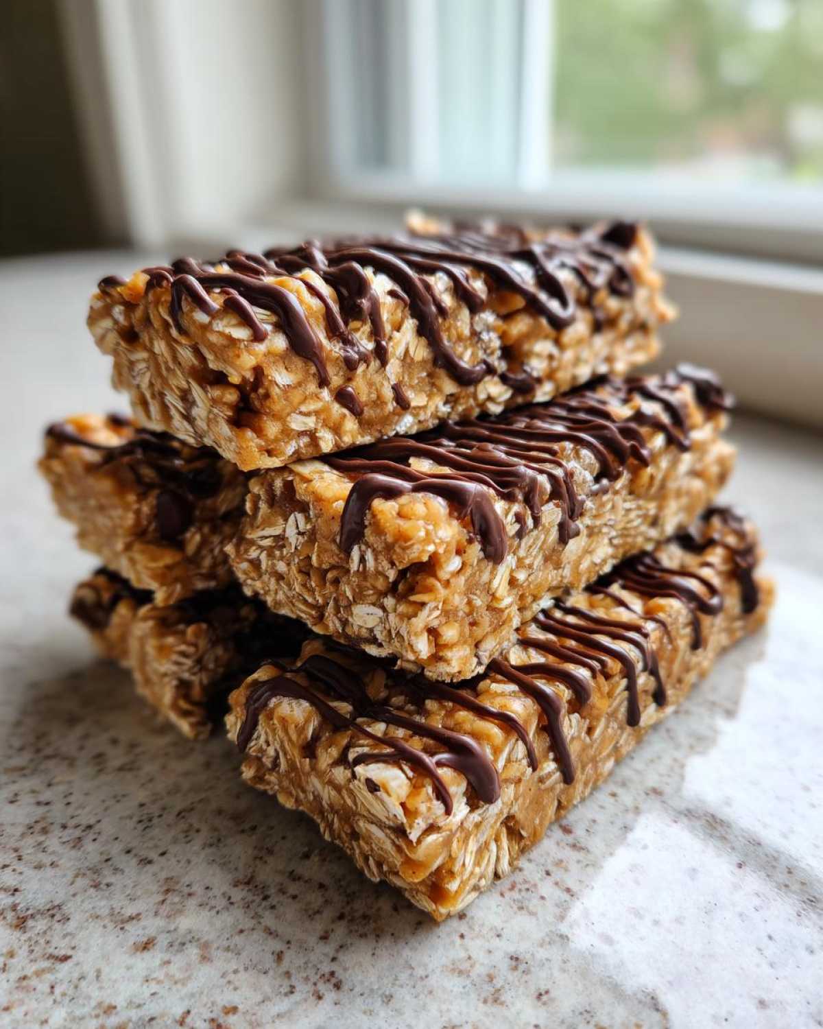 A stack of four homemade protein bars made with oats and drizzled generously with dark chocolate.