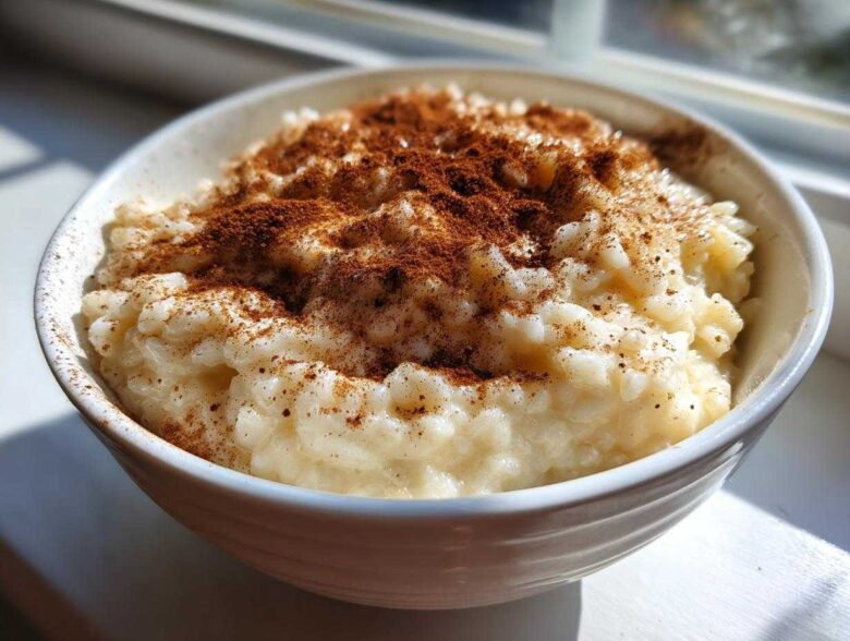 A close-up of creamy rice pudding in a white bowl, generously dusted with cinnamon.