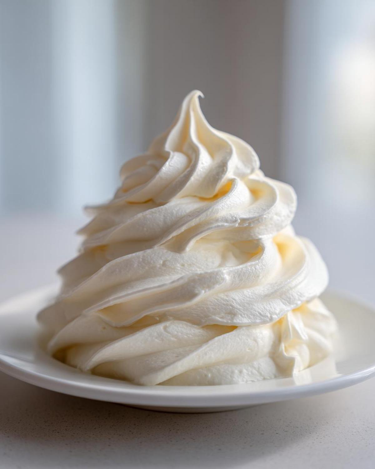 A tall, perfectly piped swirl of fluffy white cream cheese frosting sitting on a small white plate.