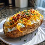 A perfectly cooked air fryer baked potato split open and loaded with shredded cheddar cheese, bacon bits, and chives.