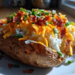A perfectly cooked air fryer baked potato split open and loaded with sour cream, shredded cheddar cheese, bacon bits, and chives.
