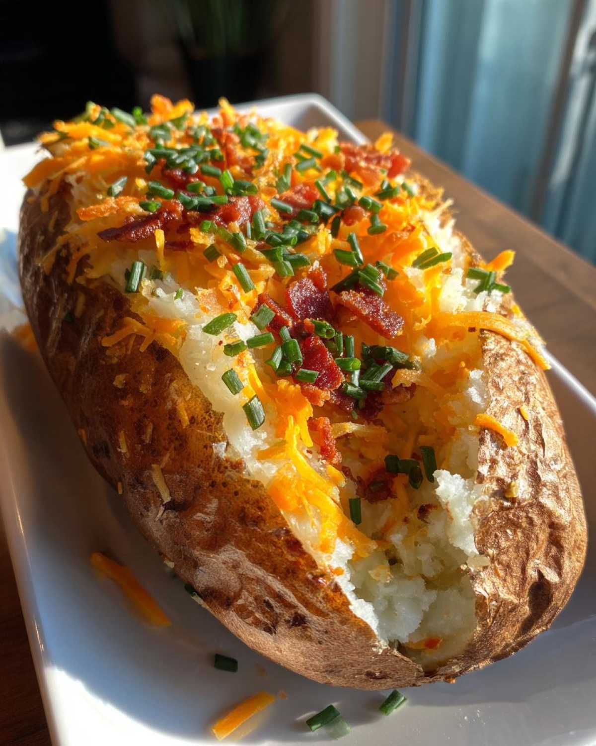 A perfectly cooked air fryer baked potato split open and loaded with shredded cheddar cheese, bacon bits, and fresh chives.