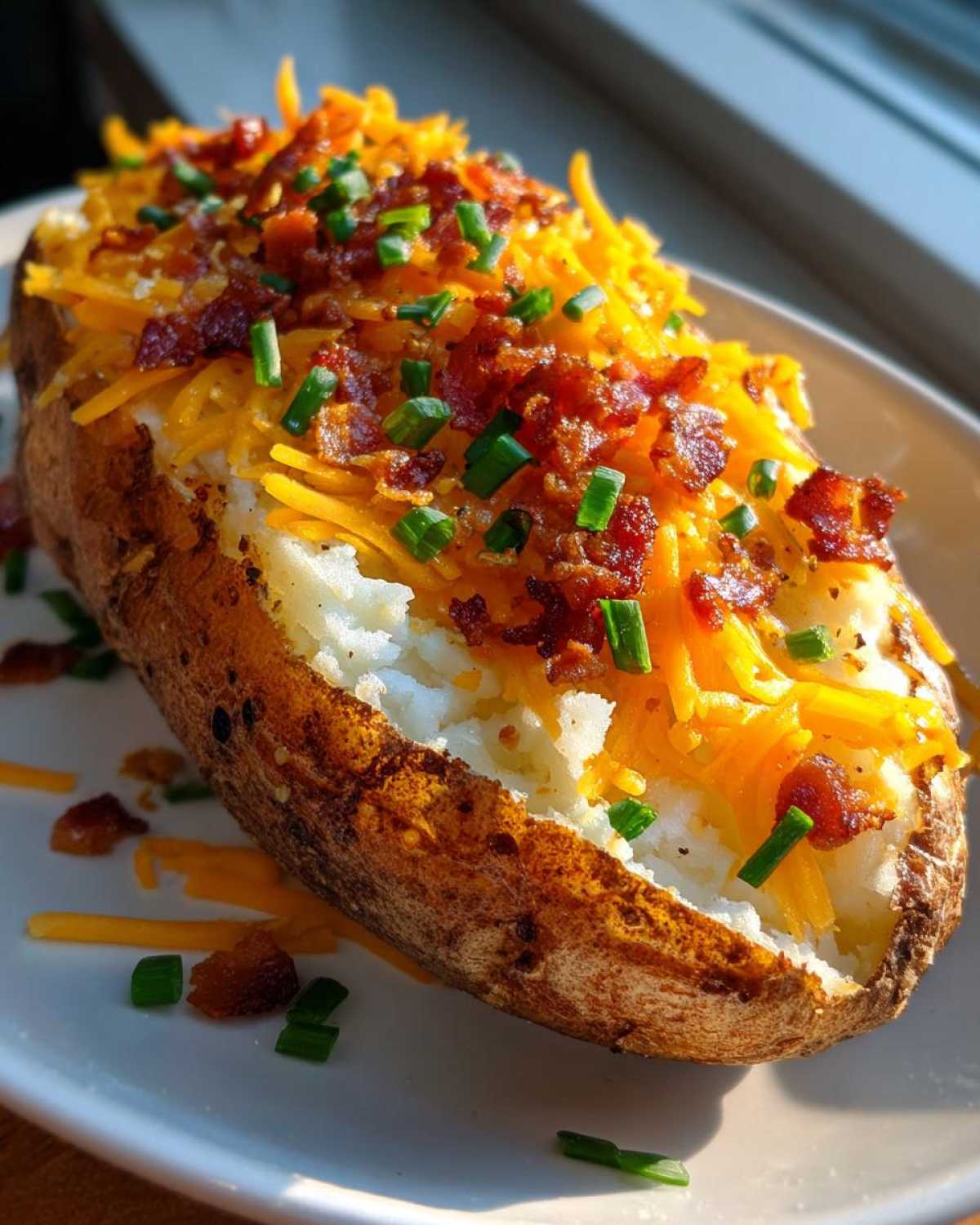 A perfectly cooked air fryer baked potato split open and loaded with shredded cheddar cheese, bacon bits, and chives.