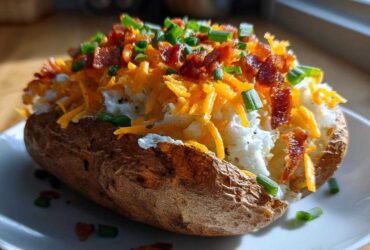 A perfectly cooked air fryer baked potato split open and loaded with sour cream, shredded cheddar cheese, bacon bits, and chives.