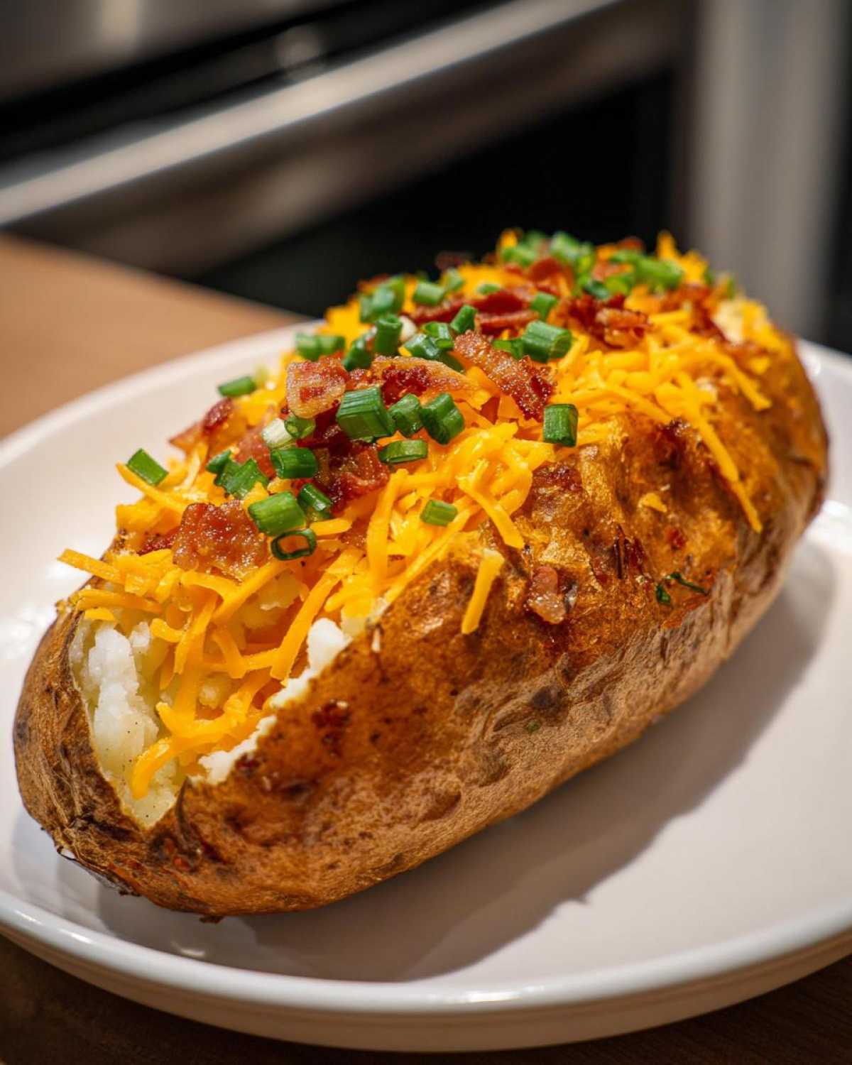 A perfectly cooked air fryer baked potato, split open and loaded with shredded cheddar cheese, bacon bits, and chives.
