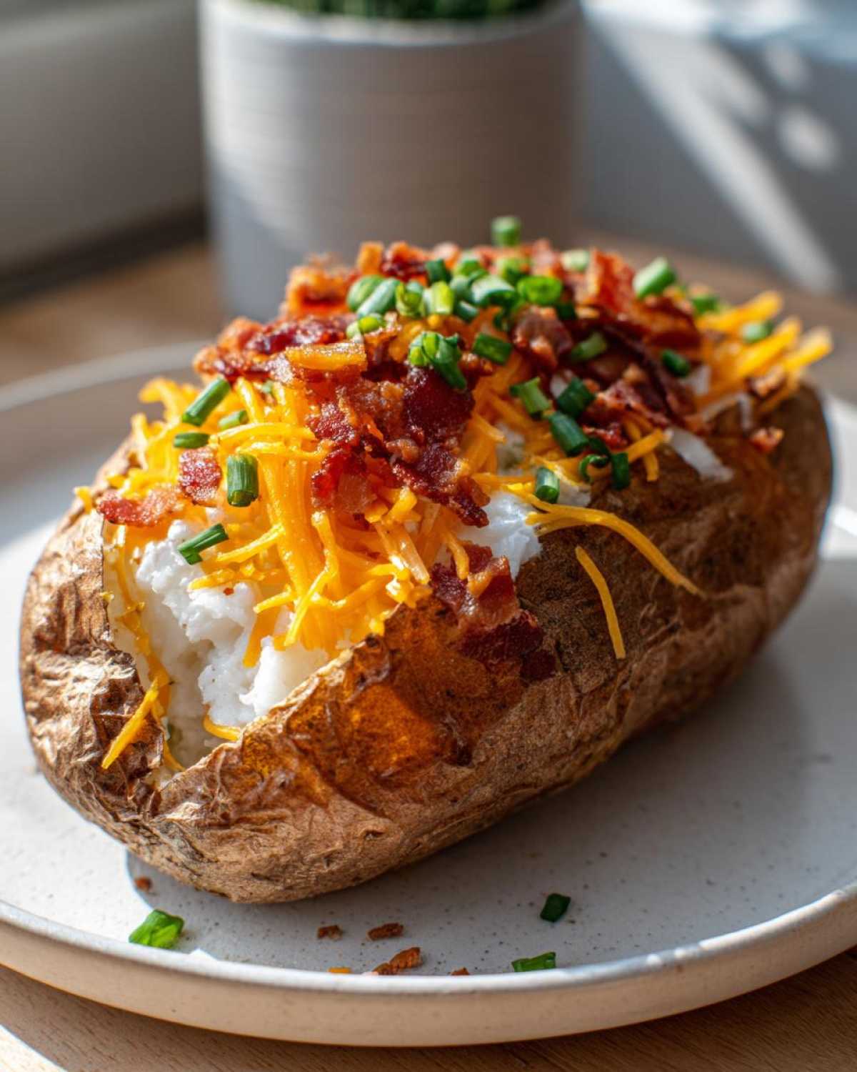 Close-up of a fully loaded air fryer baked potato with crispy skin, topped with sour cream, cheddar cheese, bacon bits, and chives.