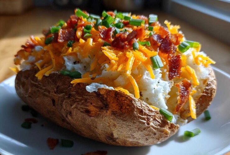 A perfectly cooked air fryer baked potato split open and loaded with sour cream, shredded cheddar cheese, bacon bits, and chives.