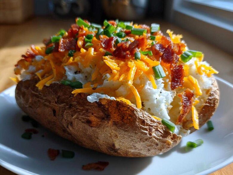 A perfectly cooked air fryer baked potato split open and loaded with sour cream, shredded cheddar cheese, bacon bits, and chives.