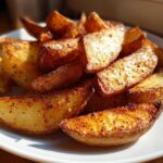 A close-up of golden brown, seasoned air fryer potato wedges piled high on a white plate.