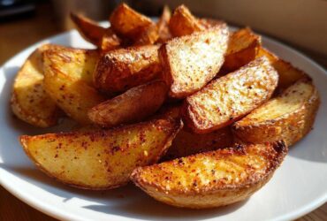 A close-up of golden brown, seasoned air fryer potato wedges piled high on a white plate.