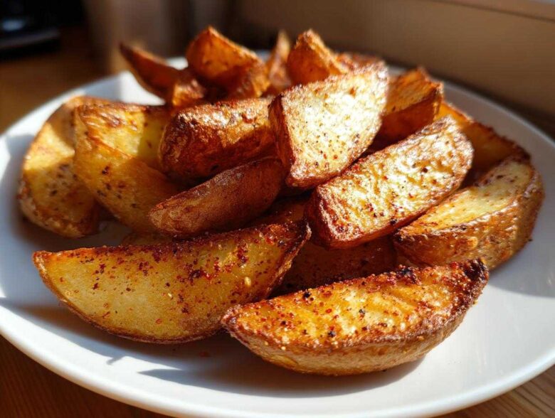 A close-up of golden brown, seasoned air fryer potato wedges piled high on a white plate.
