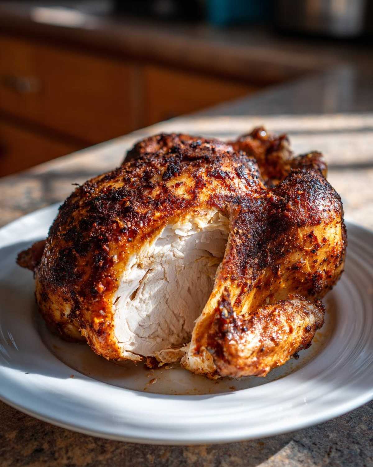 A crispy, seasoned air fryer whole chicken resting on a white plate, with a section cut open to show the juicy white meat inside.