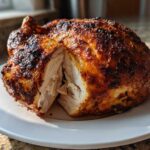 A perfectly cooked air fryer whole chicken, cut open to show moist white meat and crispy, seasoned skin.