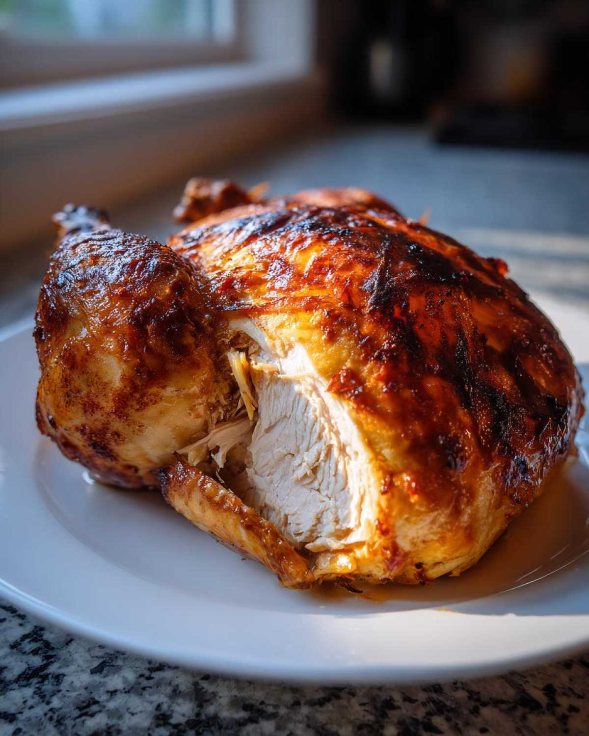 A perfectly cooked air fryer whole chicken resting on a white plate, showing juicy white meat where a piece has been removed.