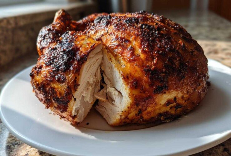 A perfectly cooked air fryer whole chicken, cut open to show moist white meat and crispy, seasoned skin.
