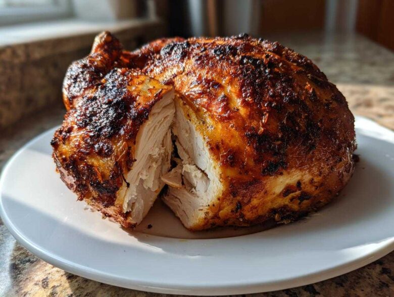 A perfectly cooked air fryer whole chicken, cut open to show moist white meat and crispy, seasoned skin.
