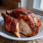 A perfectly cooked air fryer whole chicken resting on a white plate, showing a slice cut open to reveal moist white meat.