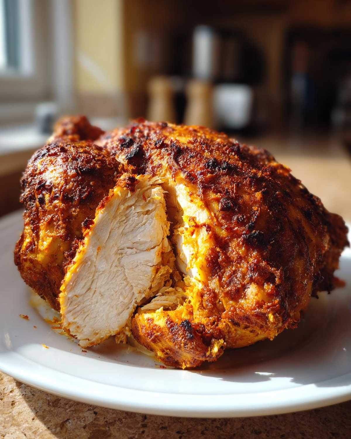A perfectly cooked air fryer whole chicken, sliced open to show juicy white meat and seasoned, crispy skin.