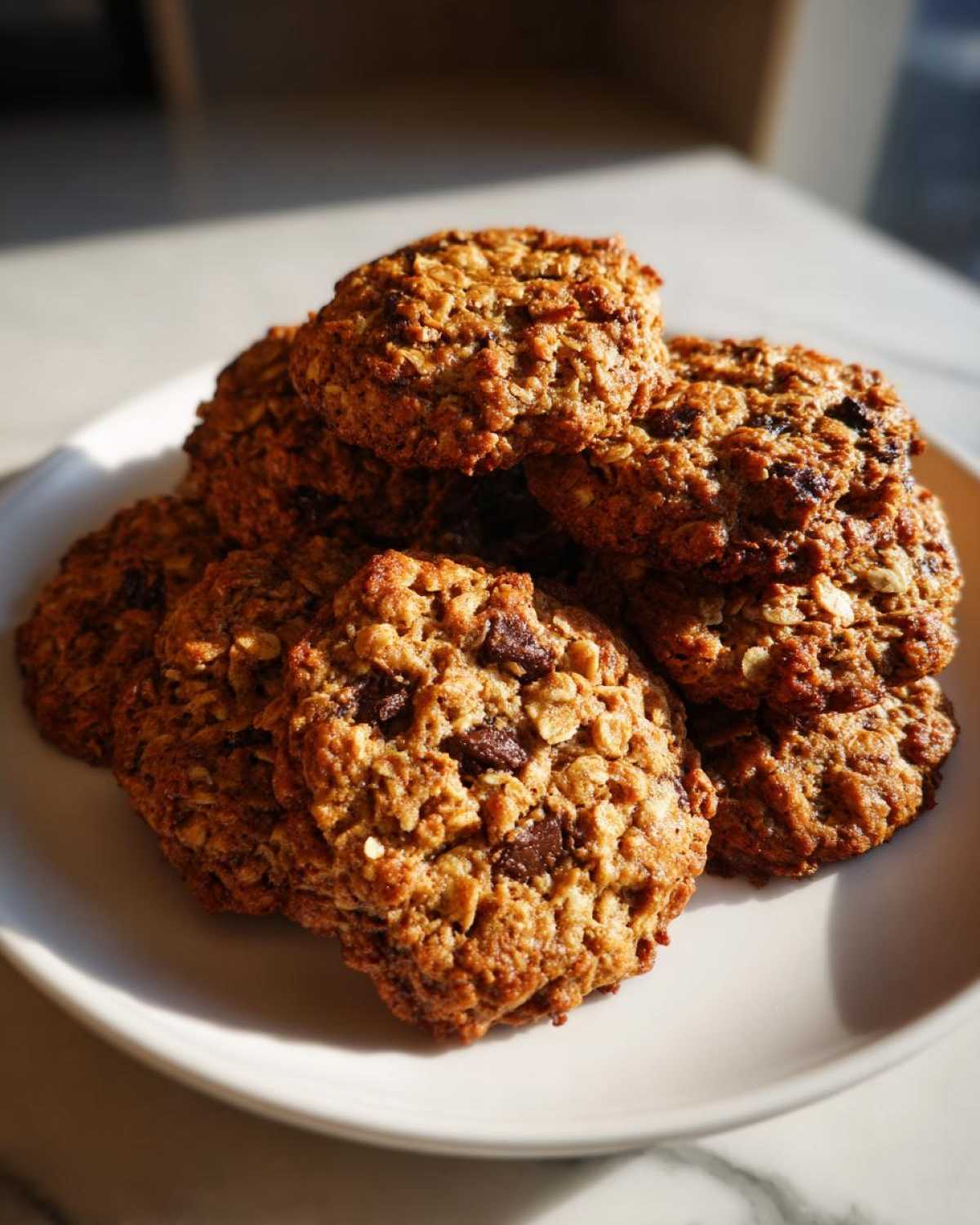A close-up stack of freshly baked, chewy oatmeal cookie treats piled on a white plate.