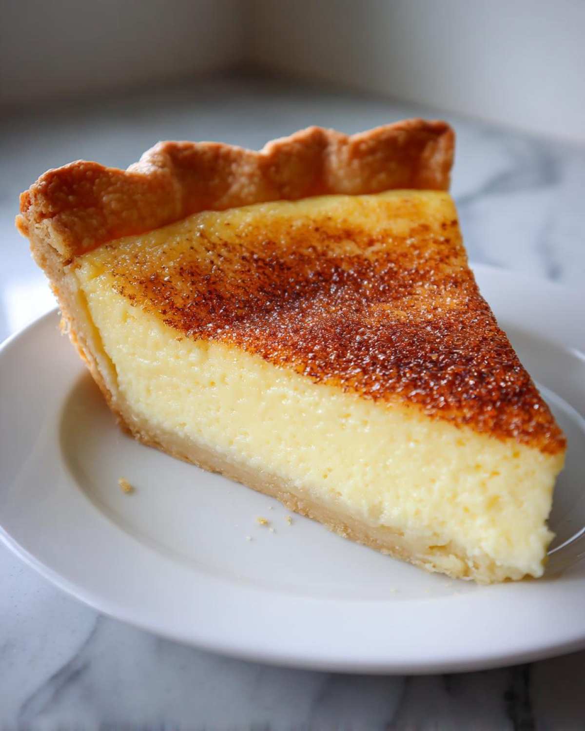A triangular slice of creamy, baked egg custard pie with a golden, nutmeg-dusted top.