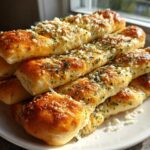 A tempting stack of golden brown, twisted breadsticks topped with garlic, parmesan, and parsley.