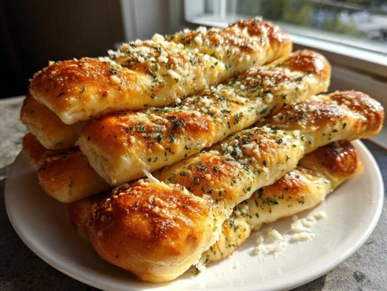 A tempting stack of golden brown, twisted breadsticks topped with garlic, parmesan, and parsley.