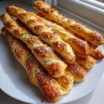 A pile of freshly baked, golden brown, twisted breadsticks topped with grated Parmesan cheese and herbs.
