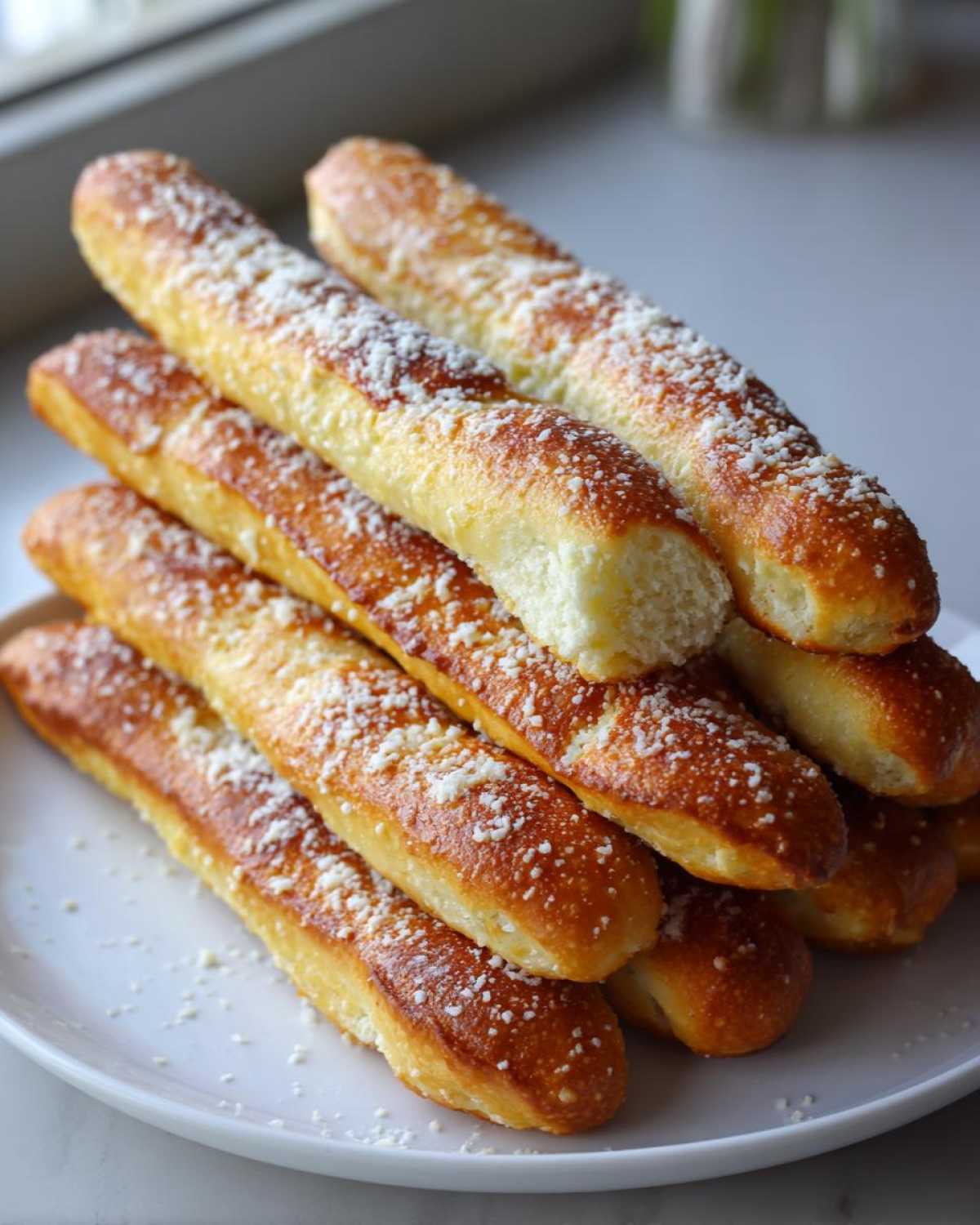 A stack of golden brown, soft breadsticks topped with grated Parmesan cheese on a white plate.
