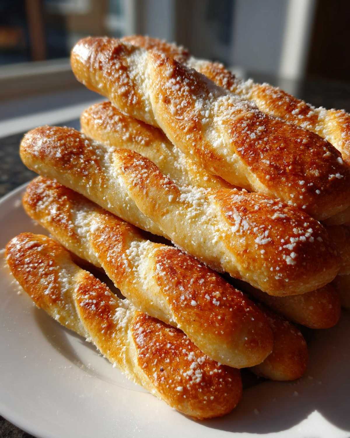 A close-up stack of golden brown, twisted breadsticks topped with grated cheese, ready to eat.